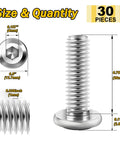 Detailed view of 30Pcs M6 Socket Head Cap Screws Kit With 20mm Length And 1.0 Pitch Stainless Steel 304 Full Thread Hex Drive Includes Hex Wrench For Furniture Making And General Hardware Projects.