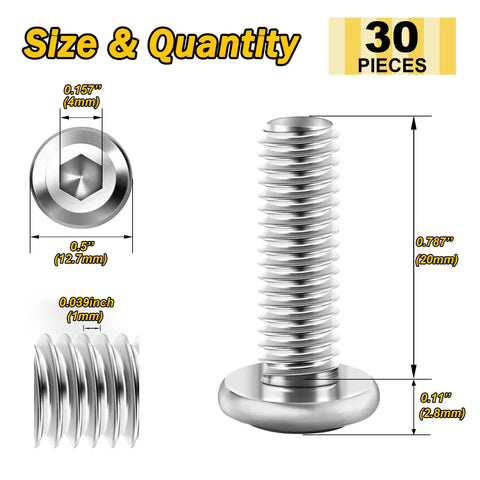 Detailed view of 30Pcs M6 Socket Head Cap Screws Kit With 20mm Length And 1.0 Pitch Stainless Steel 304 Full Thread Hex Drive Includes Hex Wrench For Furniture Making And General Hardware Projects.