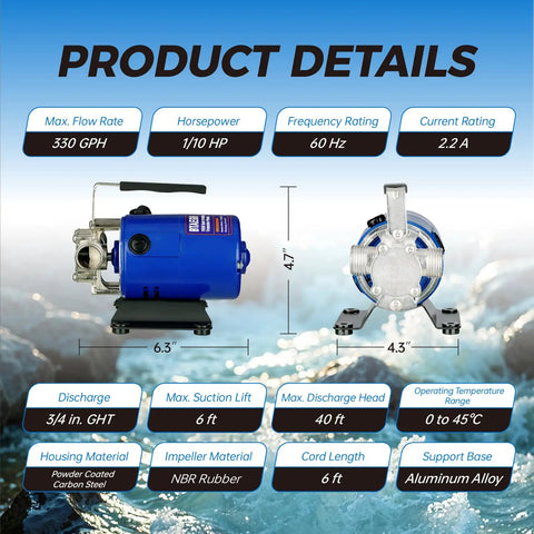 Specs of Go To Water Transfer Pump 115V One Tenth HP 330 GPH Portable Electric Utility Pump with suction hose and dimensions
