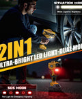 Person using Cordless Tire Inflator Air Compressor With Dewalt 20V Battery Compatibility, 160 PSI Portable Air Pump at night