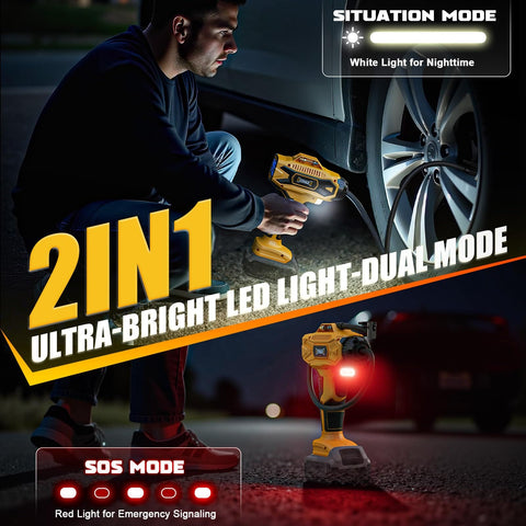 Person using Cordless Tire Inflator Air Compressor With Dewalt 20V Battery Compatibility, 160 PSI Portable Air Pump at night