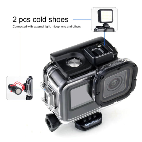 Close-up of Waterproof Dive Housing with Color Correcting Filters, cold shoes for external attachments, compatible with Hero 9-13 Black.