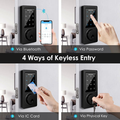 Smart Keyless Door Lock With Bluetooth App Control, Four Unlock Options Including Keypad, IC Card, No Fuss Traditional Keys, Waterproof Deadbolt For Home