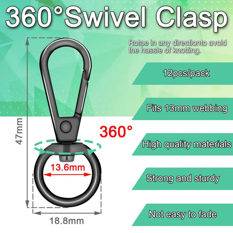 Heavy Duty Swivel Lobster Clasp Half Inch Zinc Alloy Hook for Purses Bags Lanyards Keys 12 Pack Gunmetal Black Finish 360° rotation feature