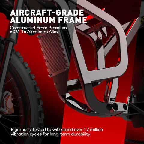 Close-up of aircraft-grade aluminum frame on Heavy Duty Kickass 9000W Peak Motor Electric Dirt Bike highlighting durability.
