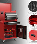 Rolling Tool Chest With Five Drawers, Lockable Wheels, Sliding Drawers, Detachable Top, And Adjustable Shelf in red and black.