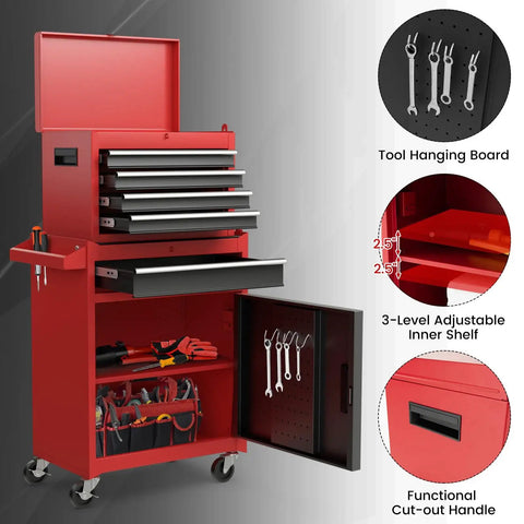 Rolling Tool Chest With Five Drawers, Lockable Wheels, Sliding Drawers, Detachable Top, And Adjustable Shelf in red and black.