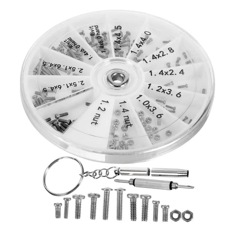 Two Pack Eyeglass Repair Kit With Screws And Screwdriver In A Grab And Go Compact Storage Case showing circular compartment with screws