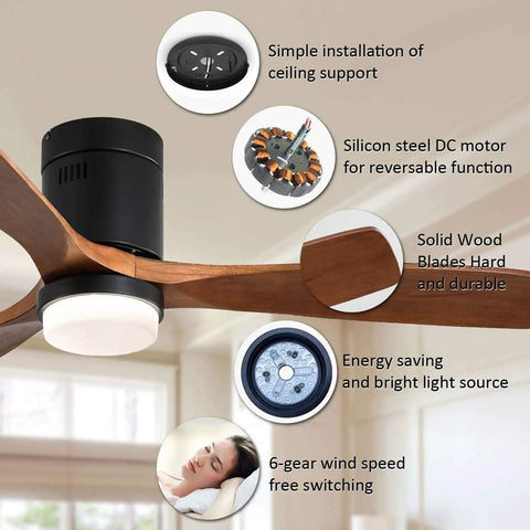 Dope 52 Inch Wood Ceiling Fan With Light And Remote Control, featuring motor and components, quiet energy-saving operation