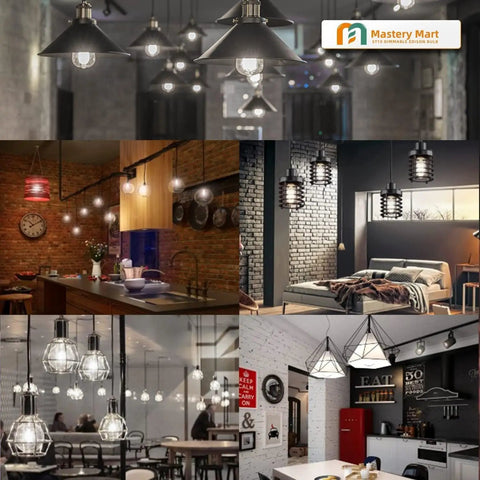 Various fixtures showcasing 10 Pack Vintage Edison LED Bulbs E26 Dimmable 5.5W 60W Equiv Daylight White 5000K ST19 Clear Glass