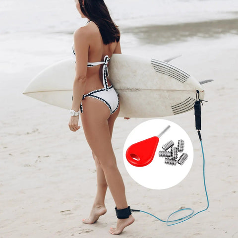 Six Piece Surf Fin Key And Twenty Four Screws Kit For Surfboard And Kayak Fin Replacement Installation And Removal Red All In One Tool Accessory With Spare Keys And Fasteners For On The Go Surf Gear red fin key with stainless screws on beach
