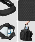 Collage of Foldable Grab And Go Travel Duffle Bag With Trolley Sleeve 40L Ultra Lightweight Carry On Bag 18x14x8 Inches in use and details