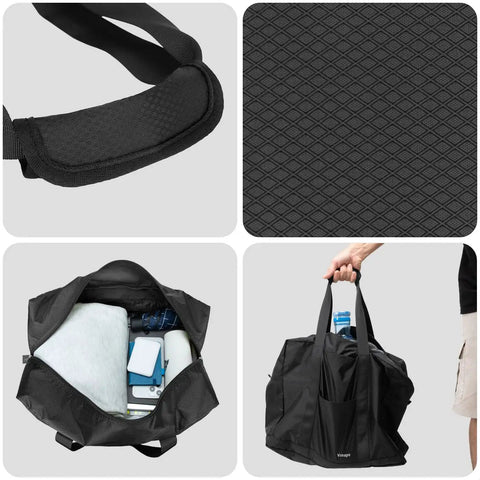 Collage of Foldable Grab And Go Travel Duffle Bag With Trolley Sleeve 40L Ultra Lightweight Carry On Bag 18x14x8 Inches in use and details