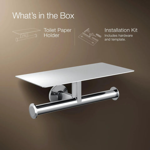 Components Covered Double Toilet Tissue Holder With Top Tray shown with installation kit on brown background.