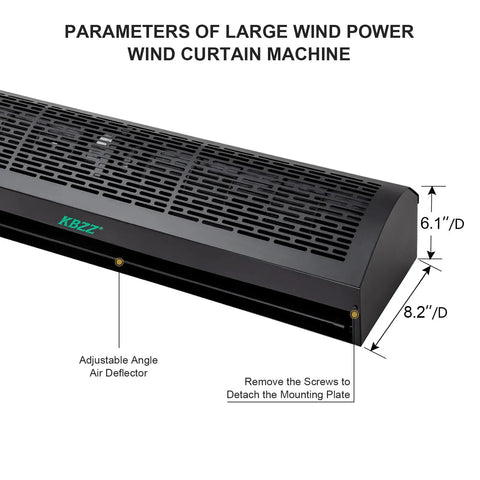 Heavy Duty 36 Inch Wall Mount Black Air Curtain Fan With Magnetic Switch And Three Speed Settings For Commercial Spaces, top view with dimensions.