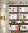 Battery Operated Wall Sconces Set Of 2 In Gold, installation and size guide with adhesive and screw options