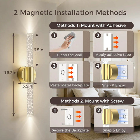 Battery Operated Wall Sconces Set Of 2 In Gold, installation and size guide with adhesive and screw options