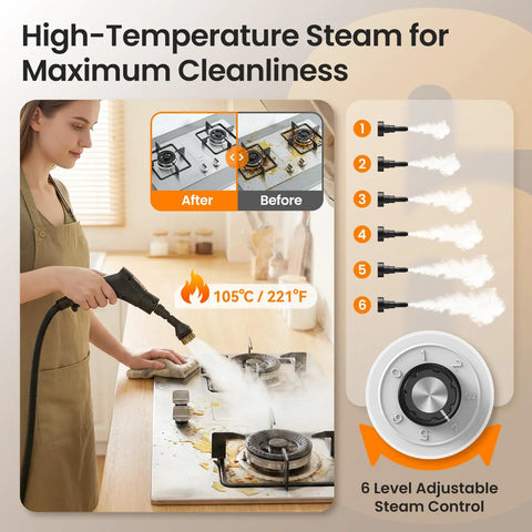 Hella Powered 2500W Handheld Steam Cleaner With Six Pressure Controls And Forty Oz Tank used to clean greasy stovetop.