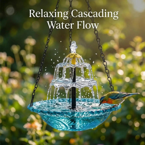 Solar Powered Hanging Bird Bath Fountain For Outdoors Large Blue Bird Bath With Wireless Pump Easy Install For Hummingbirds Gardens Patio And Backyard cascading water