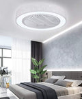 21.6 Inch Ceiling Fan with Light, Remote Control,3-Color Dimmable White LED in modern bedroom setting with plant.