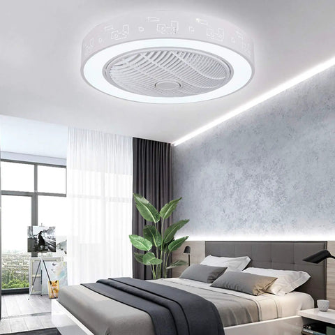 21.6 Inch Ceiling Fan with Light, Remote Control,3-Color Dimmable White LED in modern bedroom setting with plant.