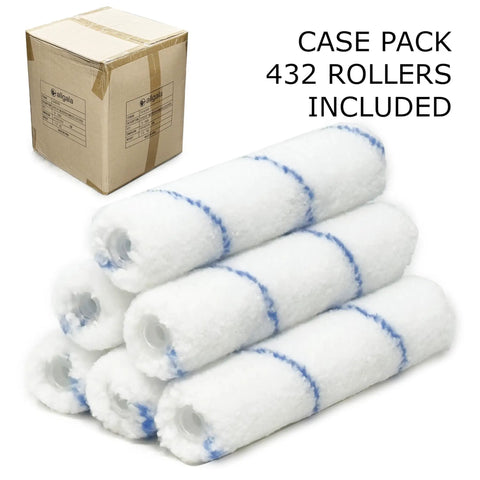 Premium 6 Inch Mini Paint Roller Covers With 3 8 Nap Microfiber For Doors Trim And Cabinets 432 Pack Case Lot in packaging.