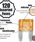 Real Deal 12 Volt Inline Automotive Fuse Holder Kit Featuring 14 Gauge Wiring Harness And 120 Assorted Atm Apm Car Mini Fuses With Heavy Duty Puller Tool, showing an assortment of transparent fuses with amp indicator.