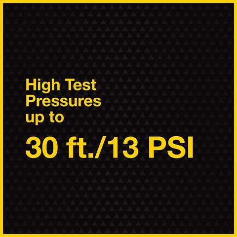 Image with text highlighting high test pressures up to 30 ft/13 PSI for Cherne 1-1/4 In to 1-1/2 In Test Ball Plug for DWV systems.