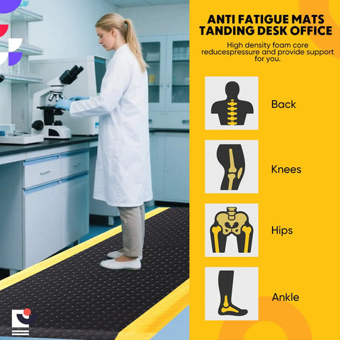 Scientist standing on Heavy Duty Anti Fatigue Floor Mat 3x5 Feet With ESD Conductive Pad And Ground Wire, black with yellow border.