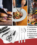 Ultimate Camping Cooking Utensils Set for Outdoors with Portable Stove Kit including knife, scissors, and cutlery on a board