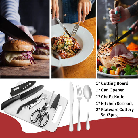 Ultimate Camping Cooking Utensils Set for Outdoors with Portable Stove Kit including knife, scissors, and cutlery on a board