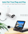 Expandable 10 Channel Wireless Security Camera System With 10.1 Inch Monitor showing plug-and-play setup in a room.