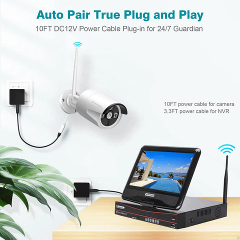 Expandable 10 Channel Wireless Security Camera System With 10.1 Inch Monitor showing plug-and-play setup in a room.