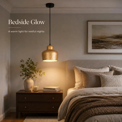 efperfect 7.5 in Gold Pendant Light Fixture, Modern Kitchen Island Lighting above bedside table with plant and books.