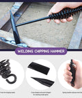 7 Piece 10 Inch Welding Tool Set With Scratch Wire Brush Slag Remover Hammer And Pliers Metal Sheet Thickness Gauge Round Dual Sided Wire Gauge Steel Coil Spring Handle Pro Grade Heavy Duty DIY Friendly Metalwork. Welding chipping hammer demonstration.