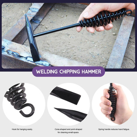 7 Piece 10 Inch Welding Tool Set With Scratch Wire Brush Slag Remover Hammer And Pliers Metal Sheet Thickness Gauge Round Dual Sided Wire Gauge Steel Coil Spring Handle Pro Grade Heavy Duty DIY Friendly Metalwork. Welding chipping hammer demonstration.