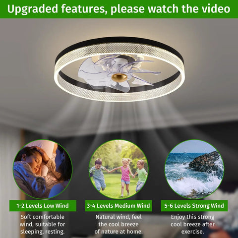 Low Profile Flush Mount Ceiling Fan With Light And Remote Control, 20 Inch DC Quiet 6 Speed Ceiling Fan, Dimmable LED Light, displayed