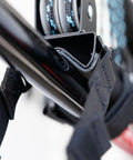 Ceiling Bike Hoist With No Slip Heavy Duty Garage Pulley Lift System close-up showing adjustable straps and metal hooks.