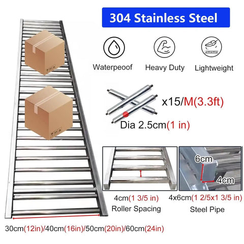 Heavy Duty Stainless Steel Roller Conveyor 24 Inch Wide 16.4 Foot Long Portable Unpowered Gravity System with boxes on rollers.