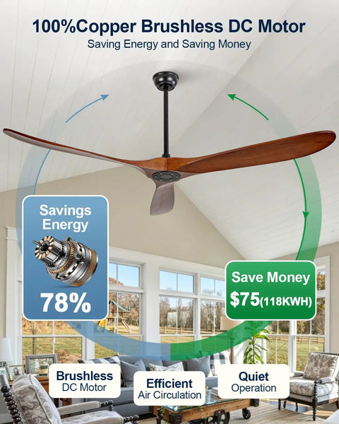 BOOMJOY 72 Inch Ceiling Fan No Light with 100% Copper Brushless DC Motor in a bright room, ideal for patios.