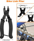 Pro Grade Bike Chain Repair Tools Kit With Chain Breaker Master Link Pliers Wear Indicator And 3 Pairs Missing Links For 6 7 8 9 10 11 12 Speed Chains And Single Speed Bikes showing master link pliers removing chain.