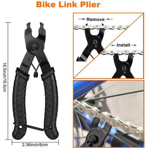 Pro Grade Bike Chain Repair Tools Kit With Chain Breaker Master Link Pliers Wear Indicator And 3 Pairs Missing Links For 6 7 8 9 10 11 12 Speed Chains And Single Speed Bikes showing master link pliers removing chain.