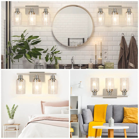 Three Light Brushed Nickel Bathroom Vanity Light Fixtures With Clear Glass Shades Sleek Modern Wall Sconce Over Mirror