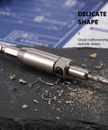 Beavorty Premium Steel And Carbide Tipped Electric Drill Pilot Bits For Cabinet Hinge Installations With Reinforced Guide Sleeve Minimizes Wobble For Professional Door And Cupboard Work Right In Your Home Shop on a slate surface with metal shavings.