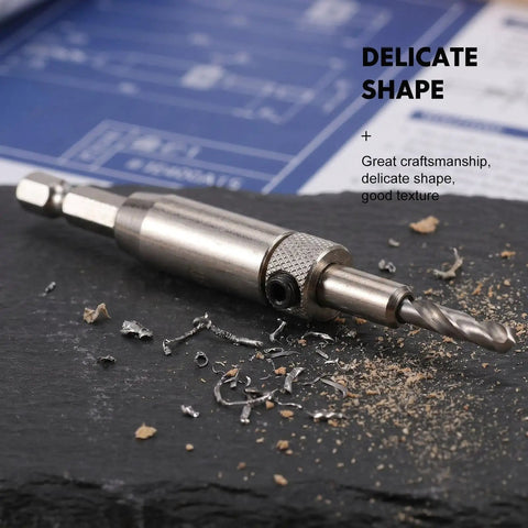 Beavorty Premium Steel And Carbide Tipped Electric Drill Pilot Bits For Cabinet Hinge Installations With Reinforced Guide Sleeve Minimizes Wobble For Professional Door And Cupboard Work Right In Your Home Shop on a slate surface with metal shavings.