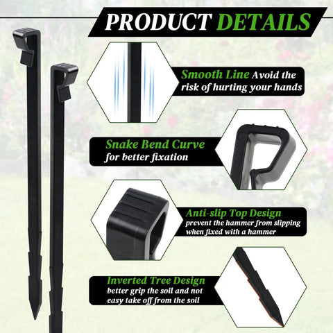 Detailed view of 55 Piece Landscape Edging Anchor Stakes Set, 8.5 Inch Heavy Duty Black Plastic Garden Stakes for yard and lawn edging.