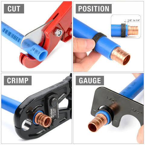 Beefy PEX Crimp Tool Kit For 1/2 Inch And 3/4 Inch Copper Ring Crimps Meets F1807 Standards showing steps: cut, position, crimp, gauge.