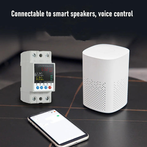 Slick Outdoor Smart Wifi Circuit Breaker With Dead Simple Smartphone App Remote Control And Real Time Monitoring For No Sweat Home Or Industrial Power Management 63A Adjustable Electrical Switch beside white smart speaker and smartphone.