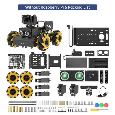 HIWONDER Raspberry Pi 5 AI Vision robot car kit with 4 yellow mecanum wheels, camera, boards, and hardware