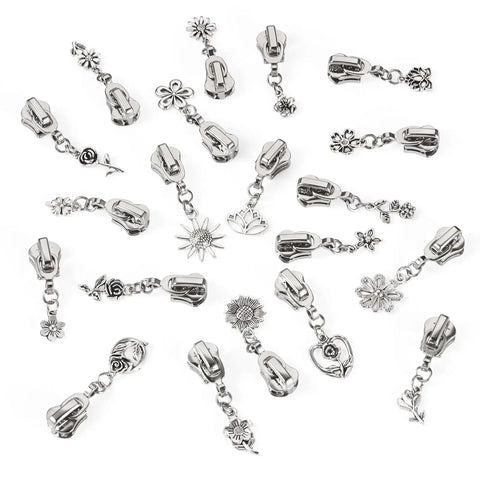 Flower Metal Zipper Pull Replacement Sliders Set 20 Pcs Durable Alloy With Platinum Finish for jackets handbags and more